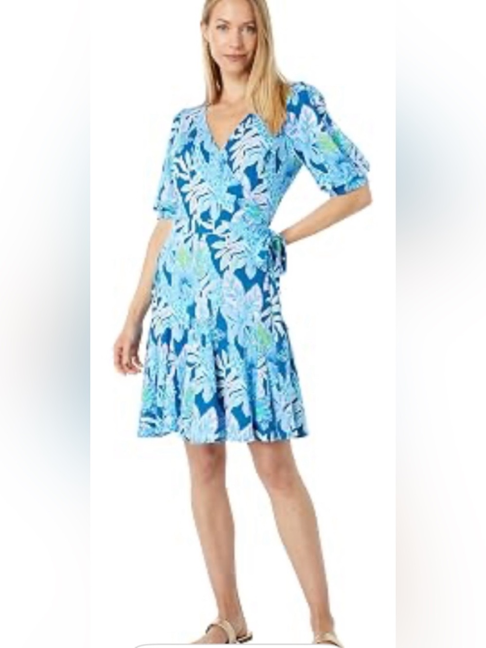 Lilly Pulitzer Kessler Wrap Dress Macaw Blue Puff Sleeve Size Large